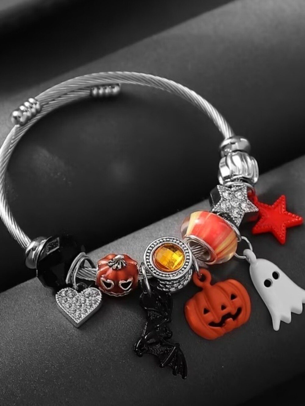 Halloween Charm Bangle Bracelet - Orange Pumpkin & Ghost Charms